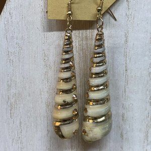 NEW HANDMADE Beautiful Gold Leaf Trim Swirl SHELL Earrings Long Dangle X Long